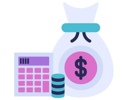 Icon with a bag of many, stack of coins, and a calculator