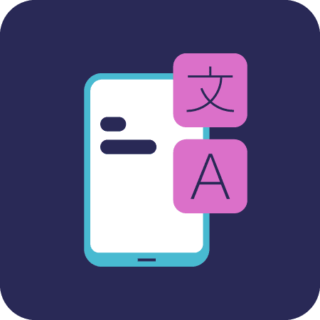 icon of a phone with language icons over the top on a purple background