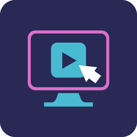 computer icon with play button and pointer mouse on a purple background