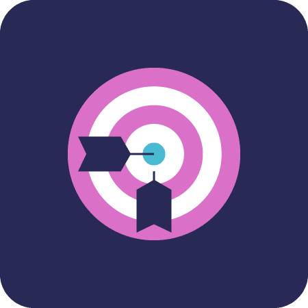 Icon of a dart board with two darts in the bulls eye on a dark purple background