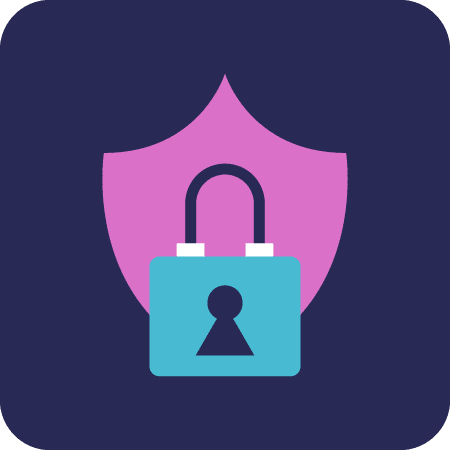 Icon of security badge with lock in front of it on a dark purple background