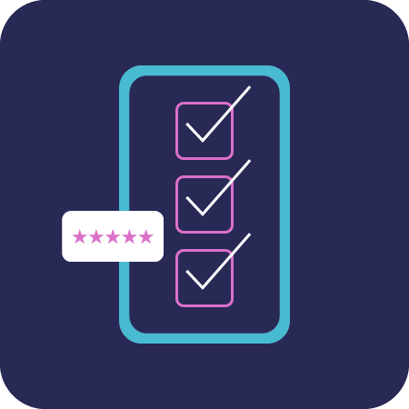 Icon of a box with three checkmarks and a five star rating in it on a dark purple background