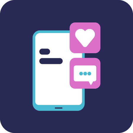 icon of a phone with a heart and conversation bubble on a dark purple background