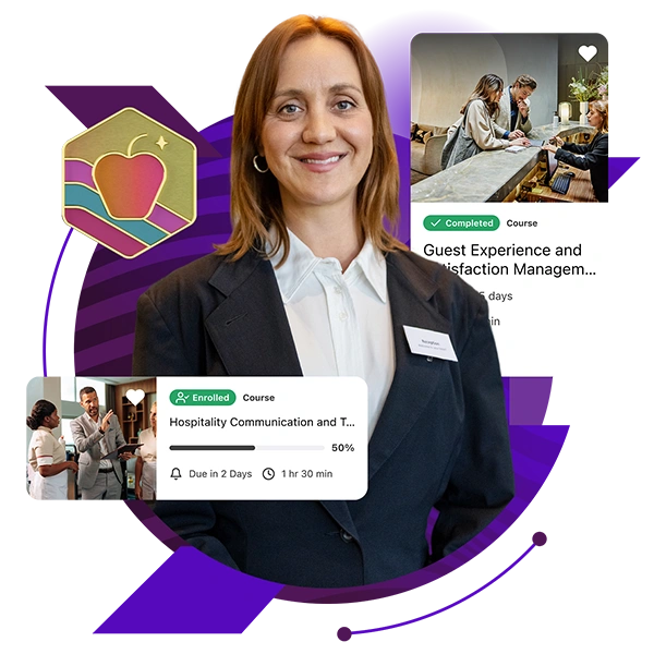 A smiling woman in a black blazer stands with course completion badges and notifications about courses on the side.