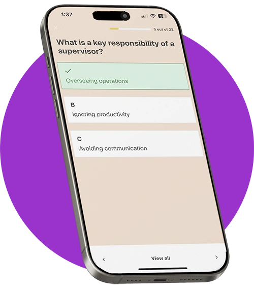 A smartphone displaying a quiz question about supervisor responsibilities with options listed.