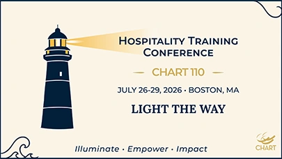 Event banner for the Hospitality Training Conference, July 26-29, 2026, in Boston, featuring a lighthouse.