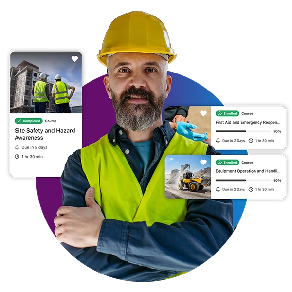Construction worker wearing a hard hat with safety and compliance training courses displayed