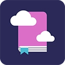 Icon of a book with two white clouds on a dark purple background
