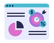 Colorful dashboard with a pie chart, target with dollar signs, and percentage symbols.