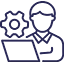 An icon of a man sitting at a laptop with a gear floating between them