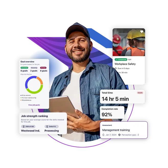 man with a clipboard in front of a purple design and products screenshots around him