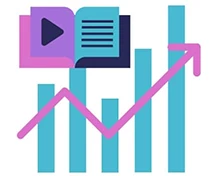 An open book above blue bars and a pink upward arrow, symbolizing growth and learning.