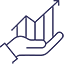 Icon of an open hand facing palm-up and a graph moving upwards above it