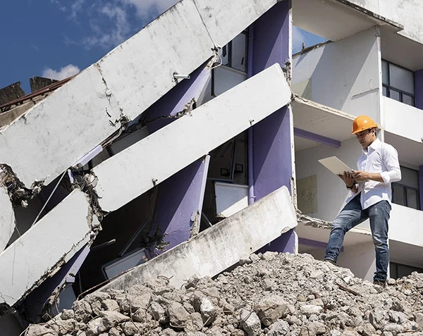 A man in a hard hat stands on rubble next to a partially collapsed building.