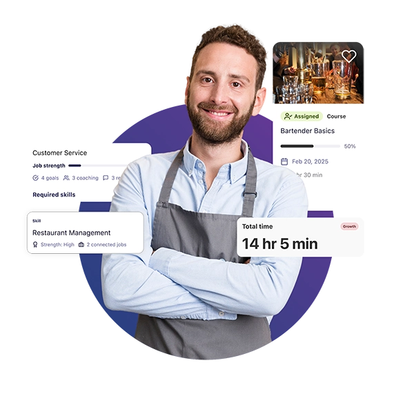 Restaurant employee wearing an apron with training progress and skills analytics displayed