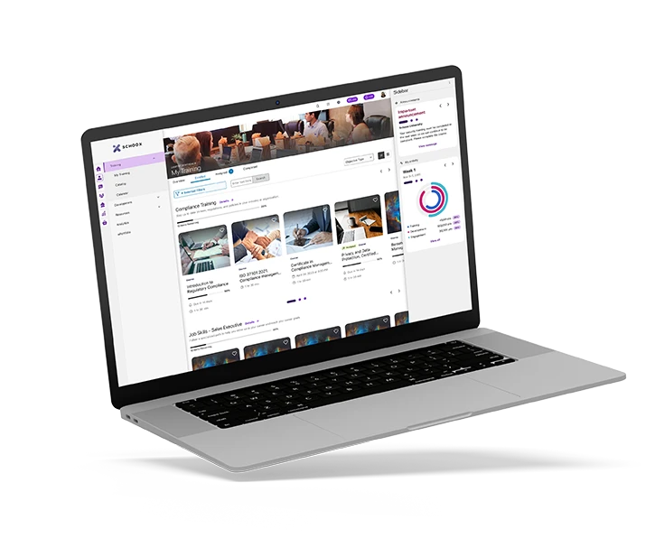 A laptop displaying an online training platform with course listings and a sidebar.