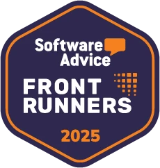 Software Advice Front Runners badge for 2025, featuring a hexagonal design.