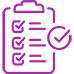 An icon of a clipboard with three checklist items. A large check mark in a circle appears in front of it.
