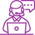 An icon showing a person at a laptop wearing a headset with a speech bubble behind them